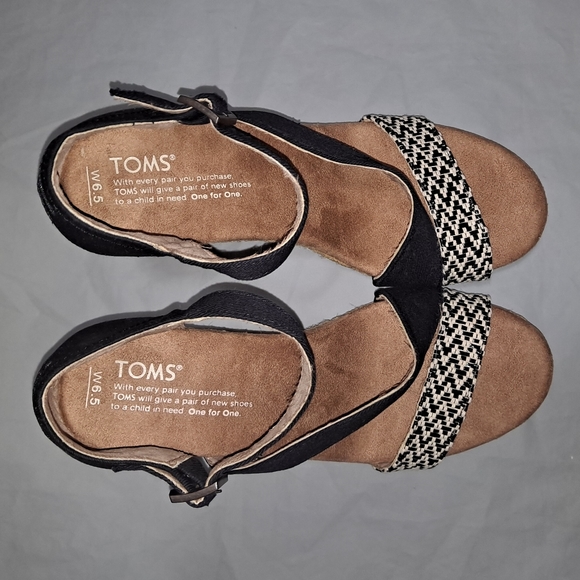 TOMS Clarissa Wedge Sandals Women's 6.5 Black/Tan/White w/ 3.5 inch Rope Heels - Picture 4 of 12